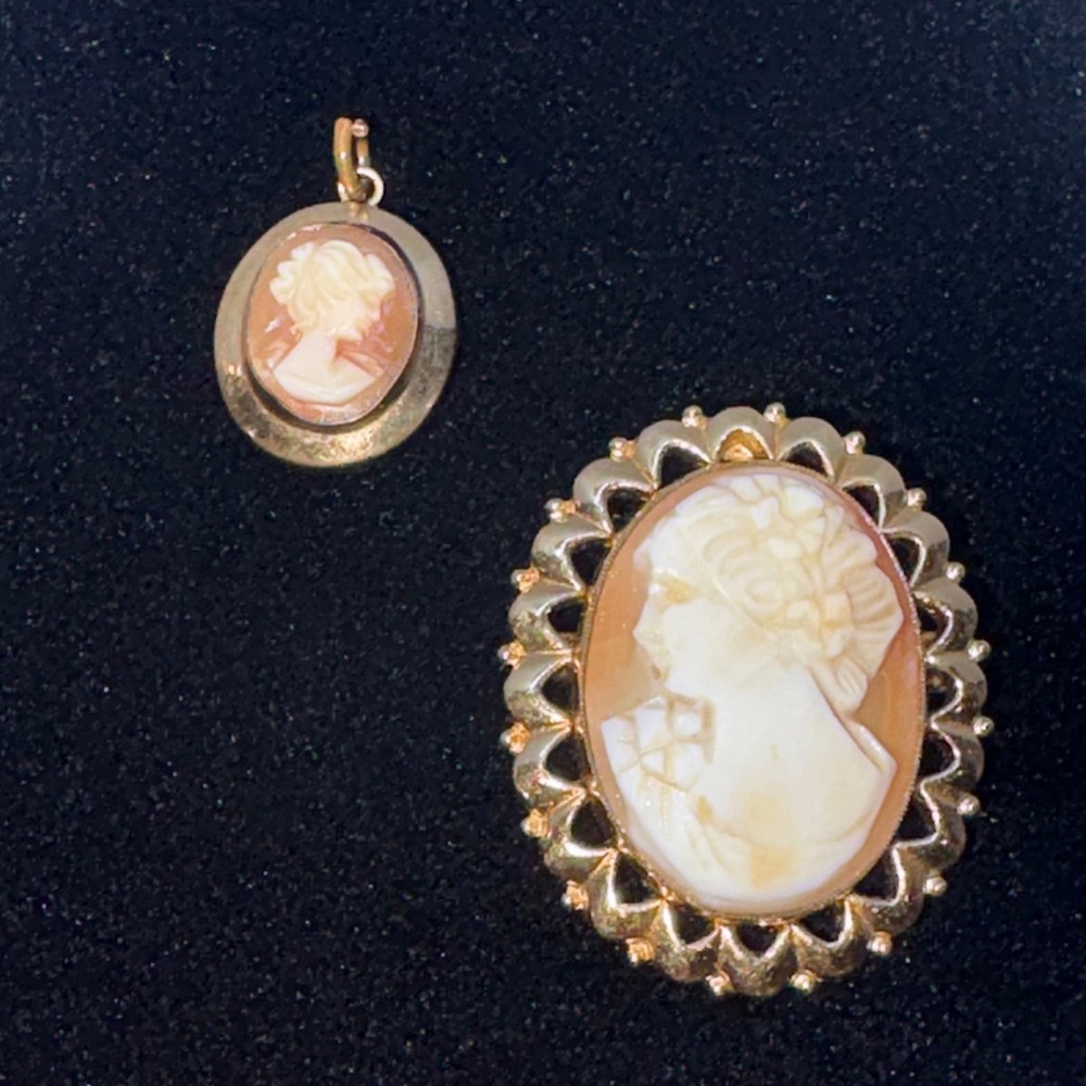 Vintage Estate Cameo Lot: Theda 1/20 12k GF Brooch & 14k Pendant 1940s-70s